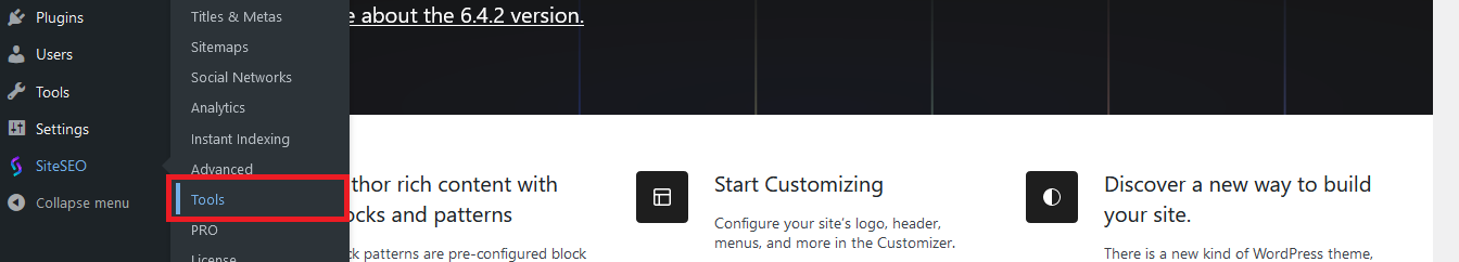 Wp SiteSEO menu - tools