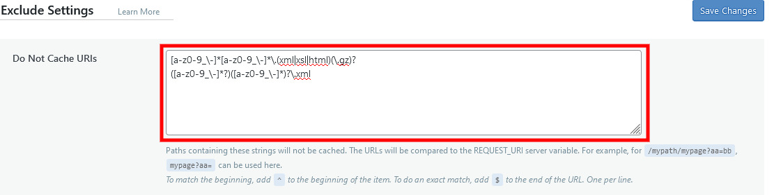 litespeed cache - Do Not Cache URIs field