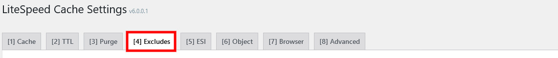 litespeed cache - excludes tab