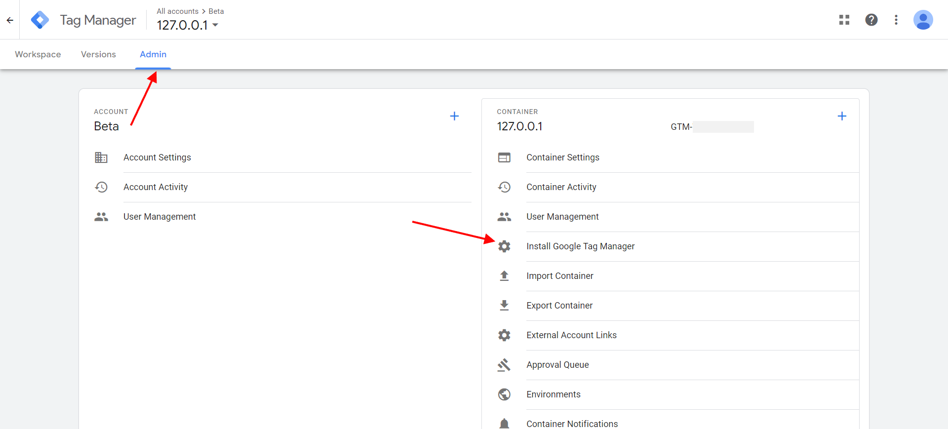 Google Tag manager admin page