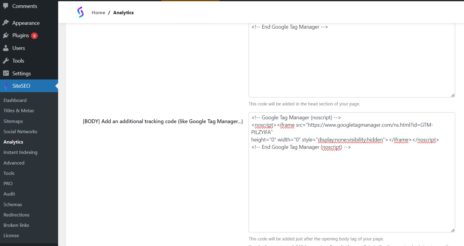 Google Tag manager code in the body using SiteSEO