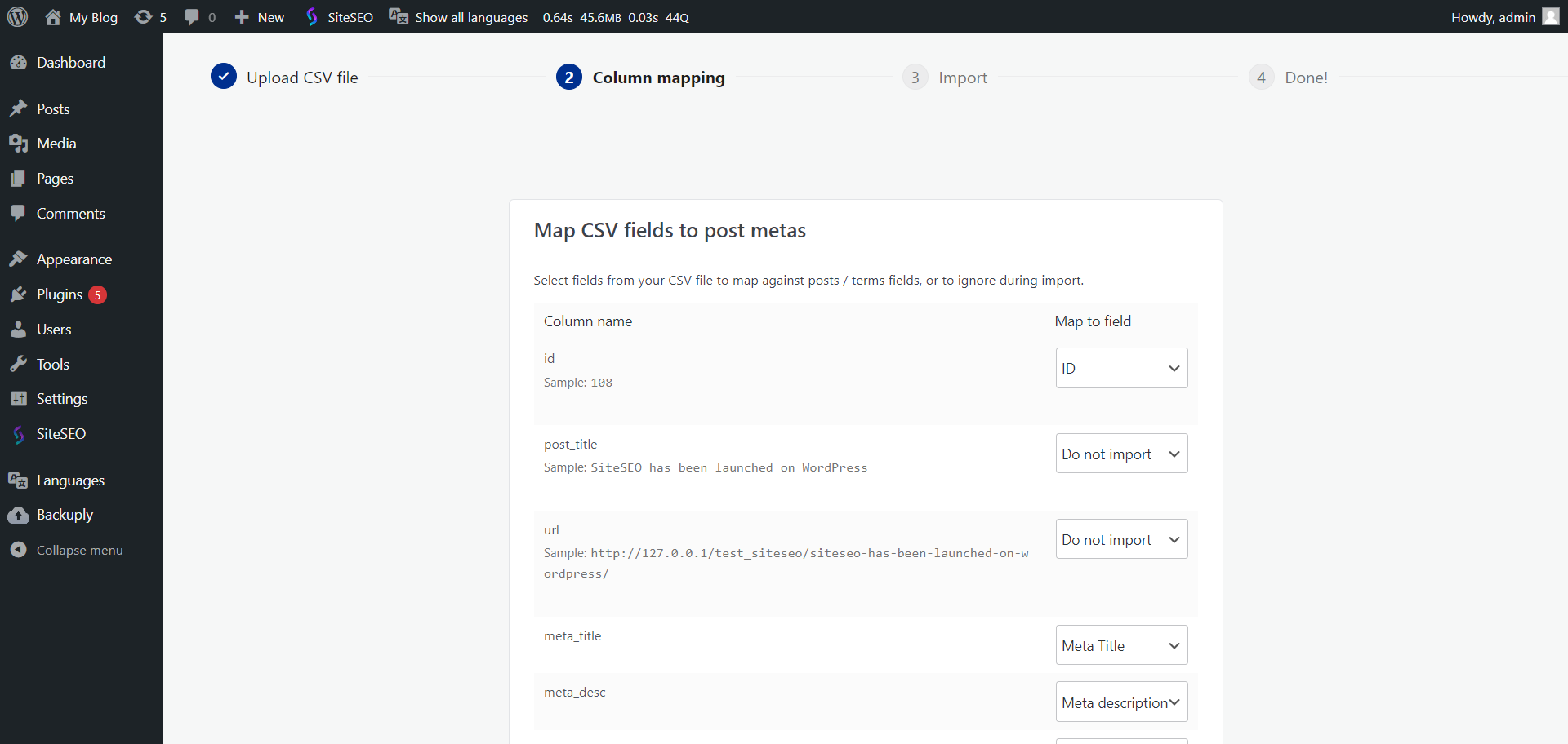 SiteSEO import column mapping