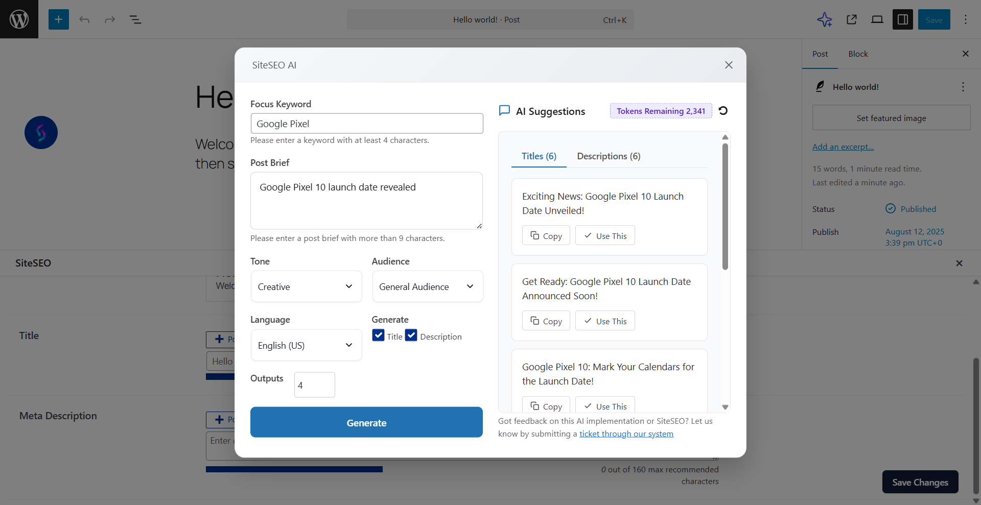 SiteSEO AI generator page SiteSEO AI generator page